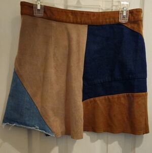 Ezra Demin & Suede Tan & Blue Patchwork Mini Skirt - Size M